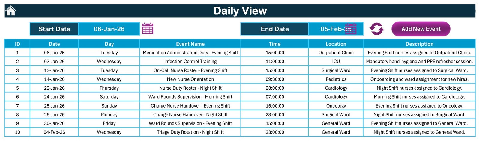 Nurse Duty Roster Calendar in Excel - Daily View date range list