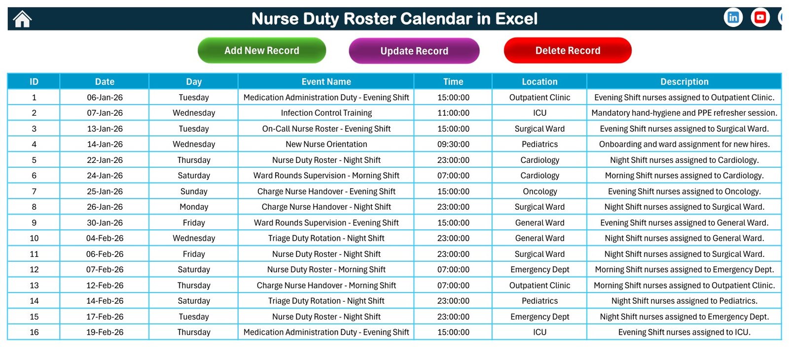 Nurse Duty Roster Calendar in Excel - Events master table