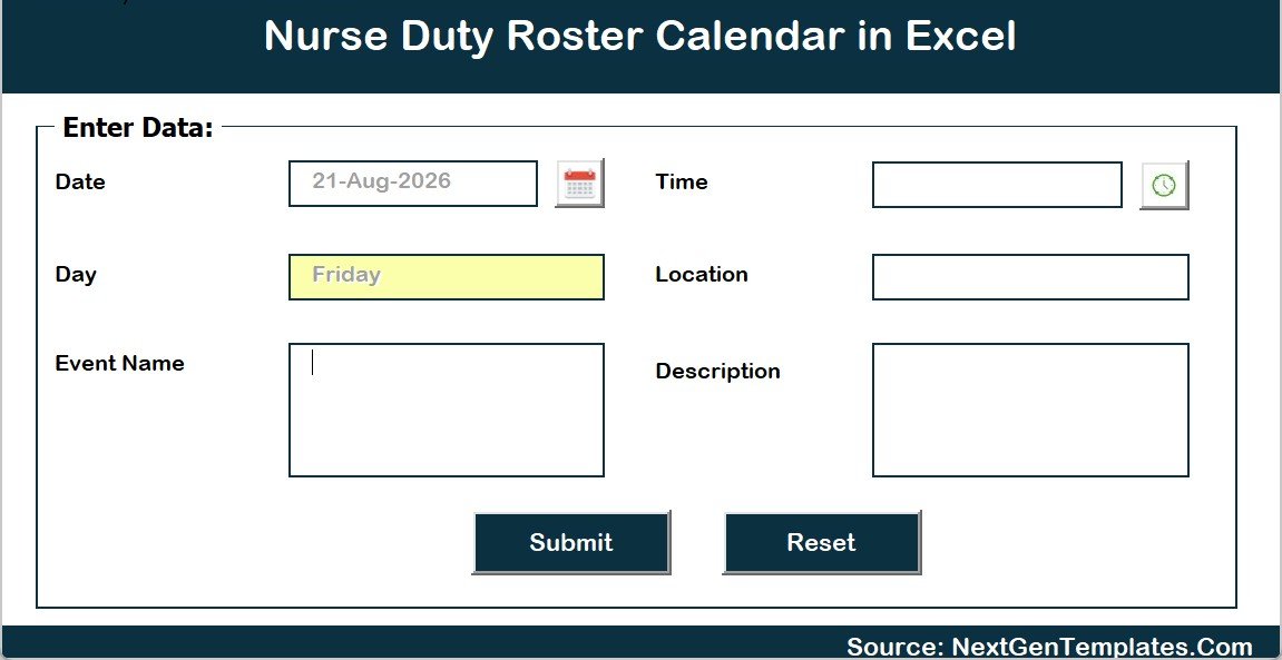 Nurse Duty Roster Calendar in Excel - pop-up entry form