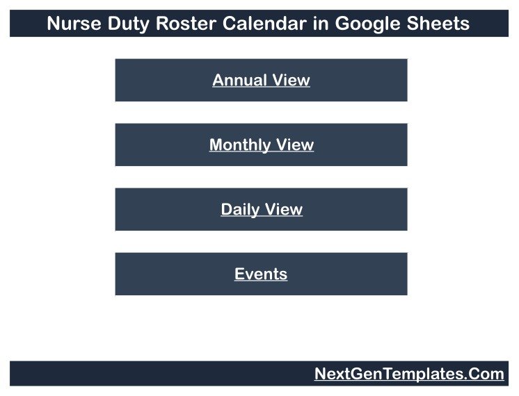 Nurse Duty Roster Calendar in Google Sheets home menu with Annual View, Monthly View, Daily View and Events buttons