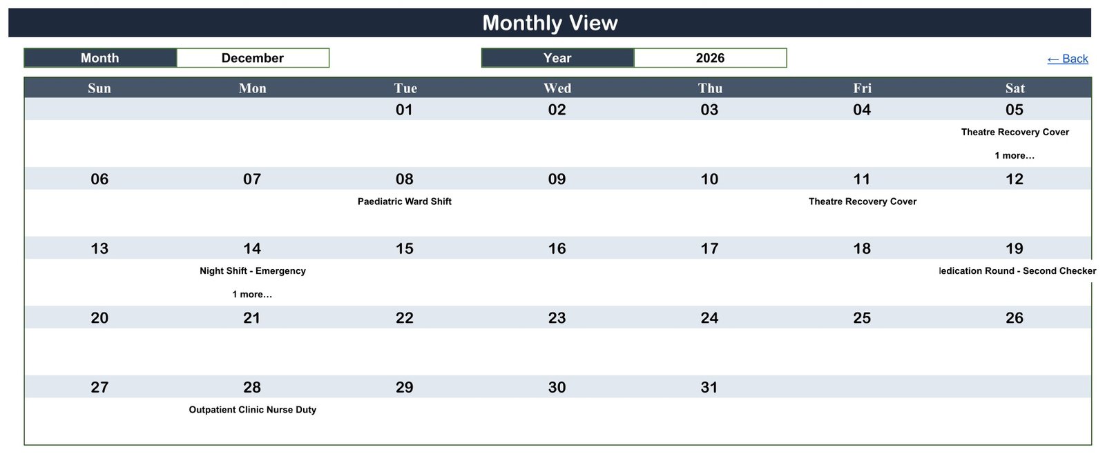 Monthly View of the Nurse Duty Roster Calendar in Google Sheets showing December 2026 with duty names on rostered days