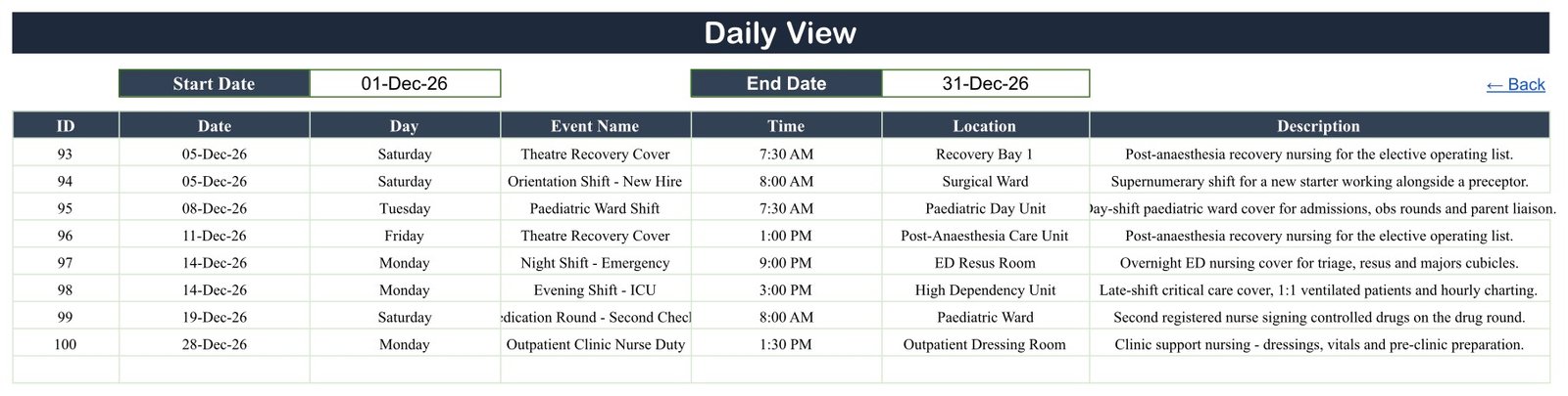 Daily View of the Nurse Duty Roster Calendar in Google Sheets filtering December 2026 duties by start and end date