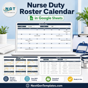 Nurse Duty Roster Calendar in Google Sheets product cover showing the Monthly View, Annual View and Daily View