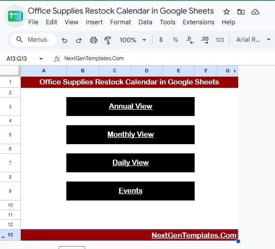 Office Supplies Restock Calendar in Google Sheets overview page