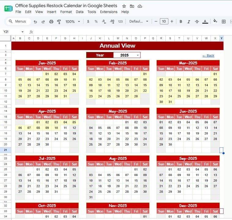 Annual View sheet tab for office supplies restock calendar