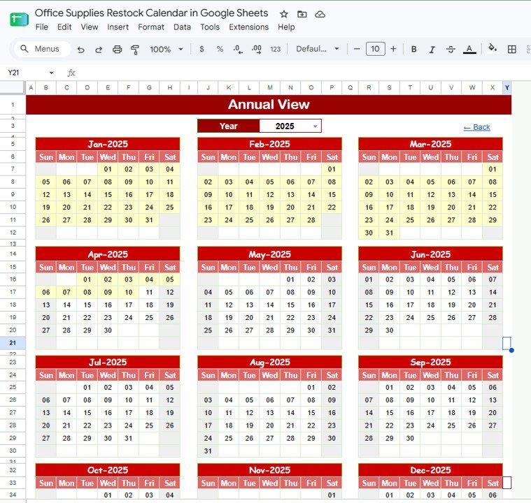 Annual View sheet tab for office supplies restock calendar