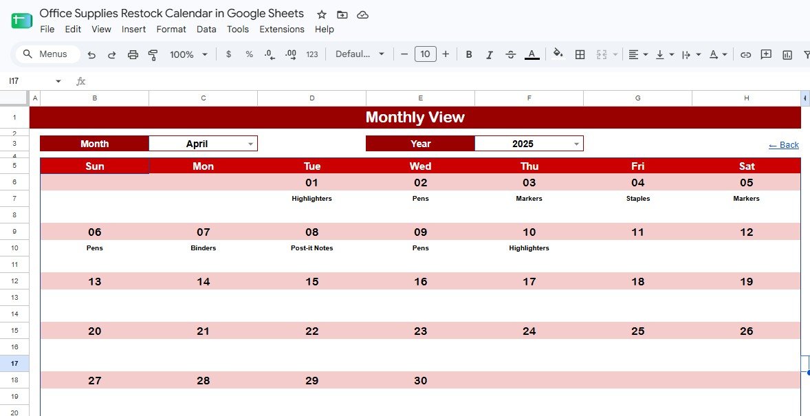 Monthly View sheet tab for office supplies restock calendar