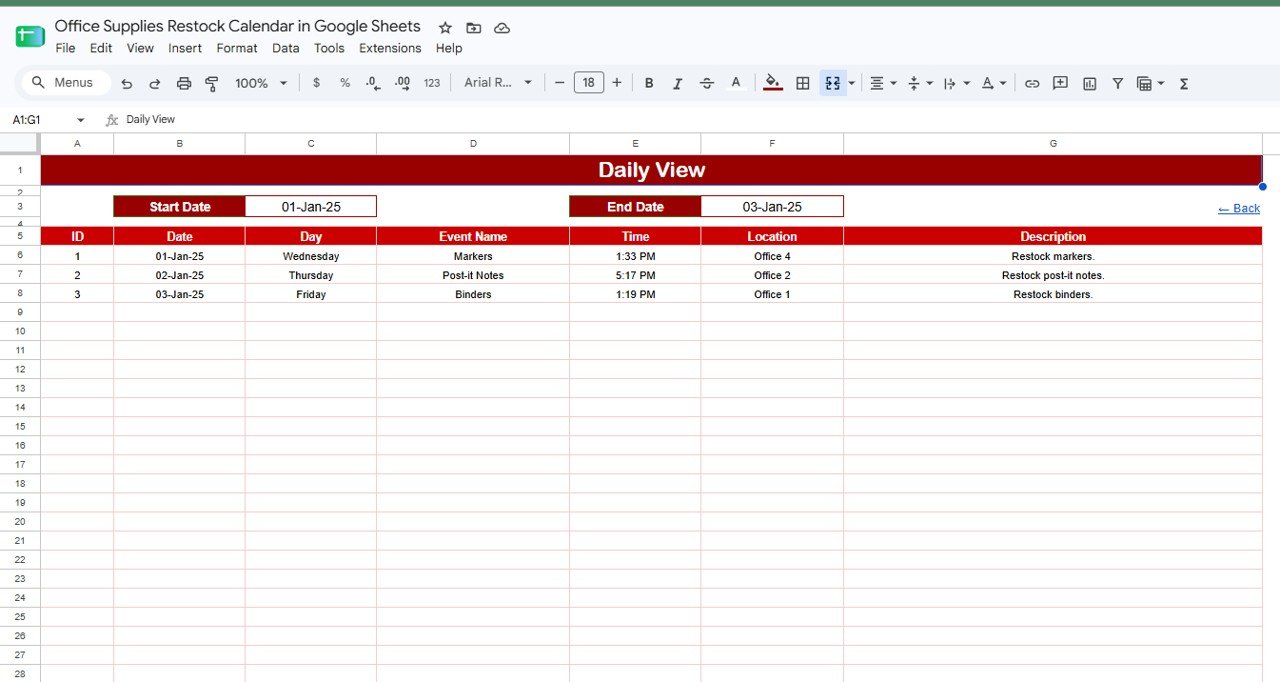 Daily View sheet tab for office supplies restock calendar