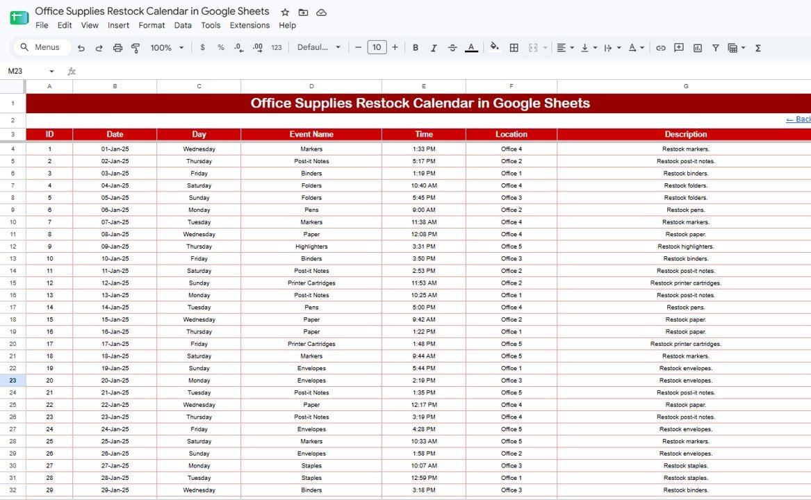 Events sheet tab for office supplies restock calendar