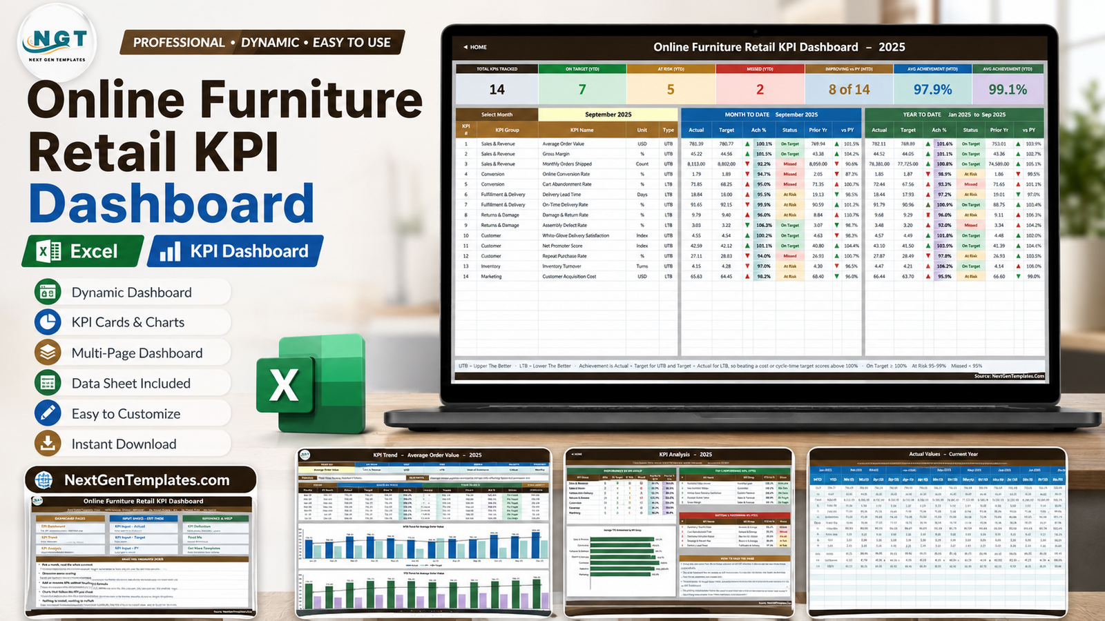 Online Furniture Retail KPI Dashboard in Excel - month-picker KPI scorecard with 14 KPIs