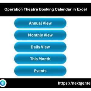 Home menu of the Operation Theatre Booking Calendar in Excel with buttons for Annual View, Monthly View, Daily View, This Month and Events