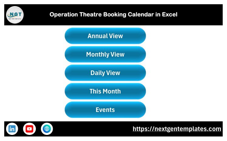 Home menu of the Operation Theatre Booking Calendar in Excel with navigation buttons for each view