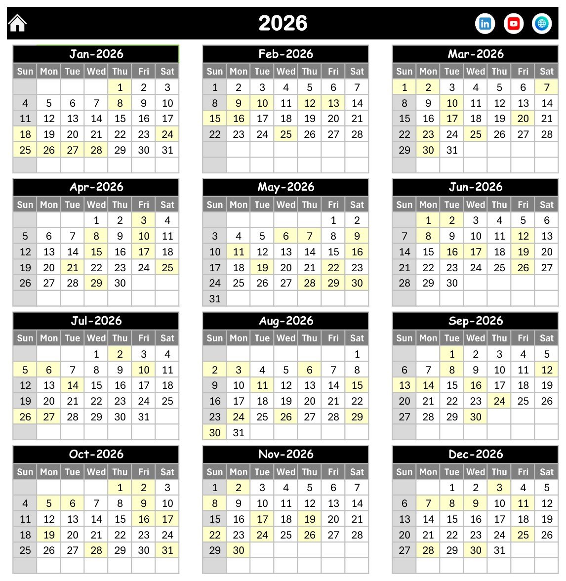 Annual View of the Operation Theatre Booking Calendar in Excel showing all twelve months of 2026 with booked dates shaded