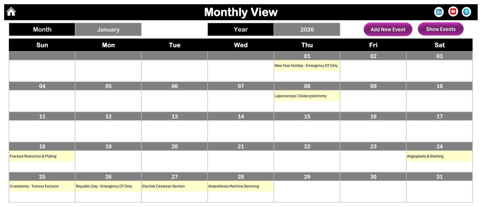 Monthly View grid of the Operation Theatre Booking Calendar in Excel with January 2026 surgical bookings in the date cells