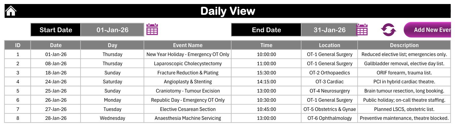 Daily View of the Operation Theatre Booking Calendar in Excel listing January 2026 bookings with time, theatre and description