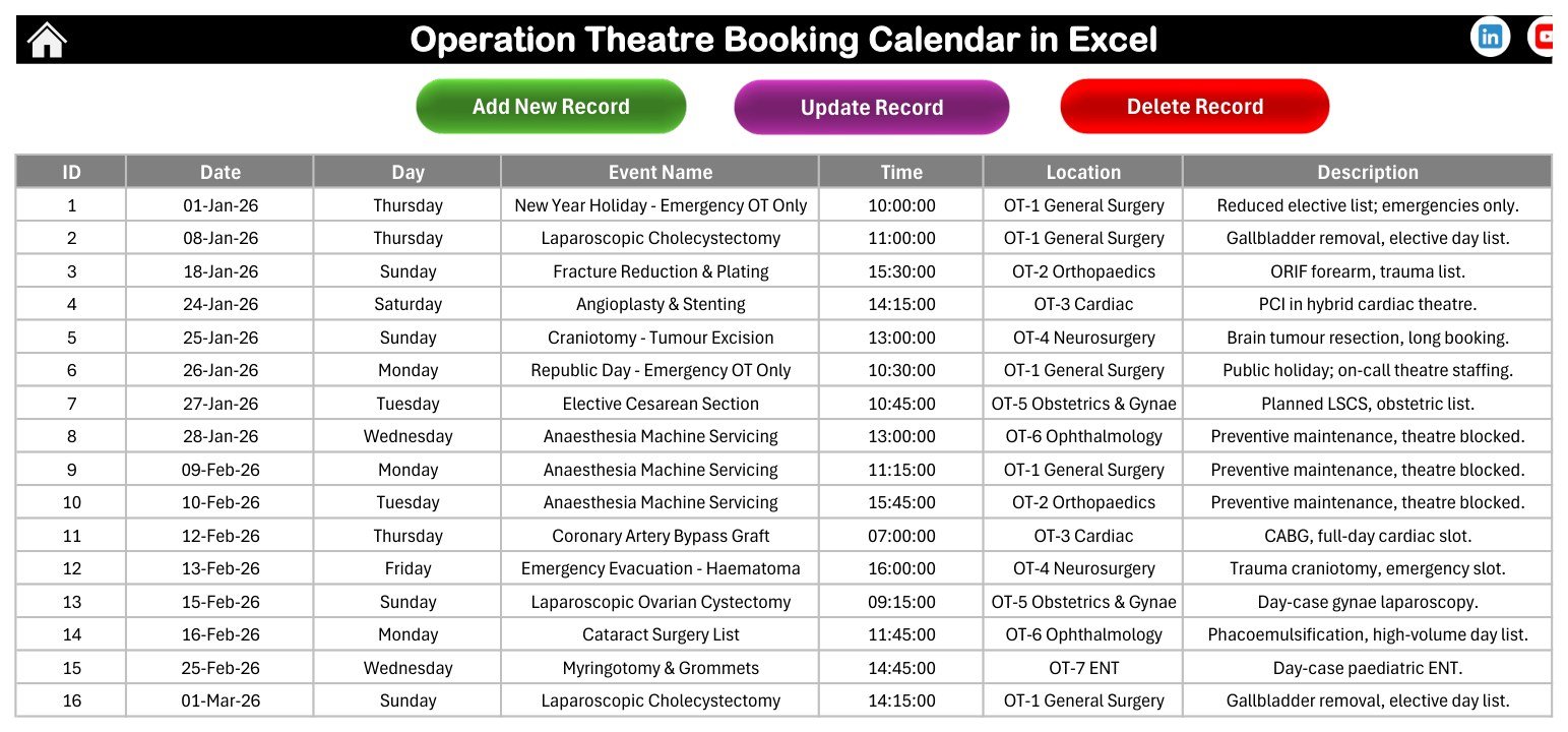 Events database sheet of the Operation Theatre Booking Calendar in Excel with Add, Update and Delete Record buttons