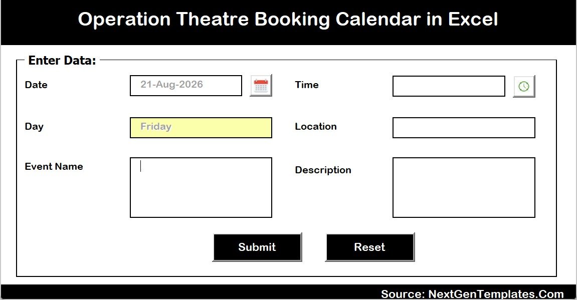 Pop-up VBA entry form of the Operation Theatre Booking Calendar in Excel with Date, Day, Event Name, Time, Location and Description