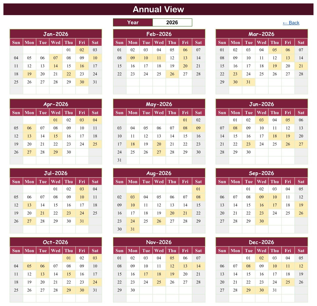 Annual View showing all twelve months of 2026 with booked dates shaded