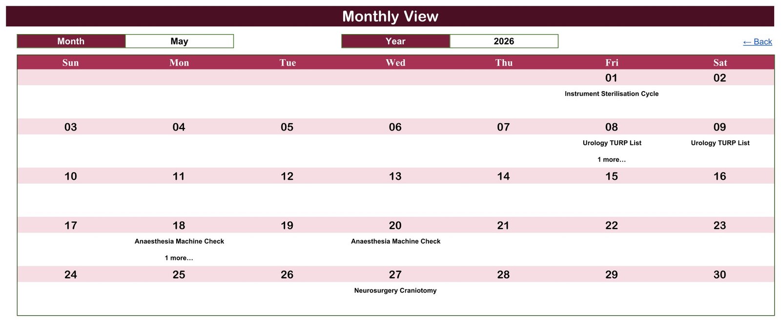 Monthly View of the Operation Theatre Booking Calendar for May 2026 with booking names under each date