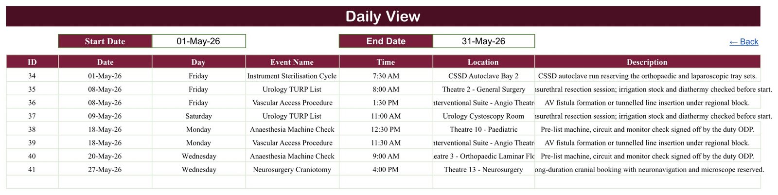 Daily View of the Operation Theatre Booking Calendar filtered to 01-May-26 to 31-May-26