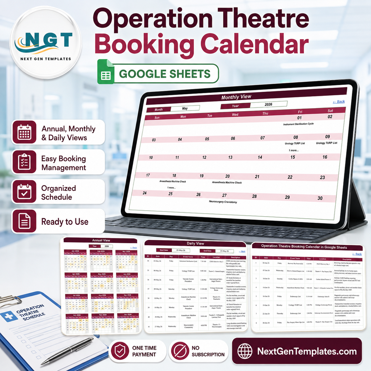 Operation Theatre Booking Calendar in Google Sheets showing the Monthly View for May 2026