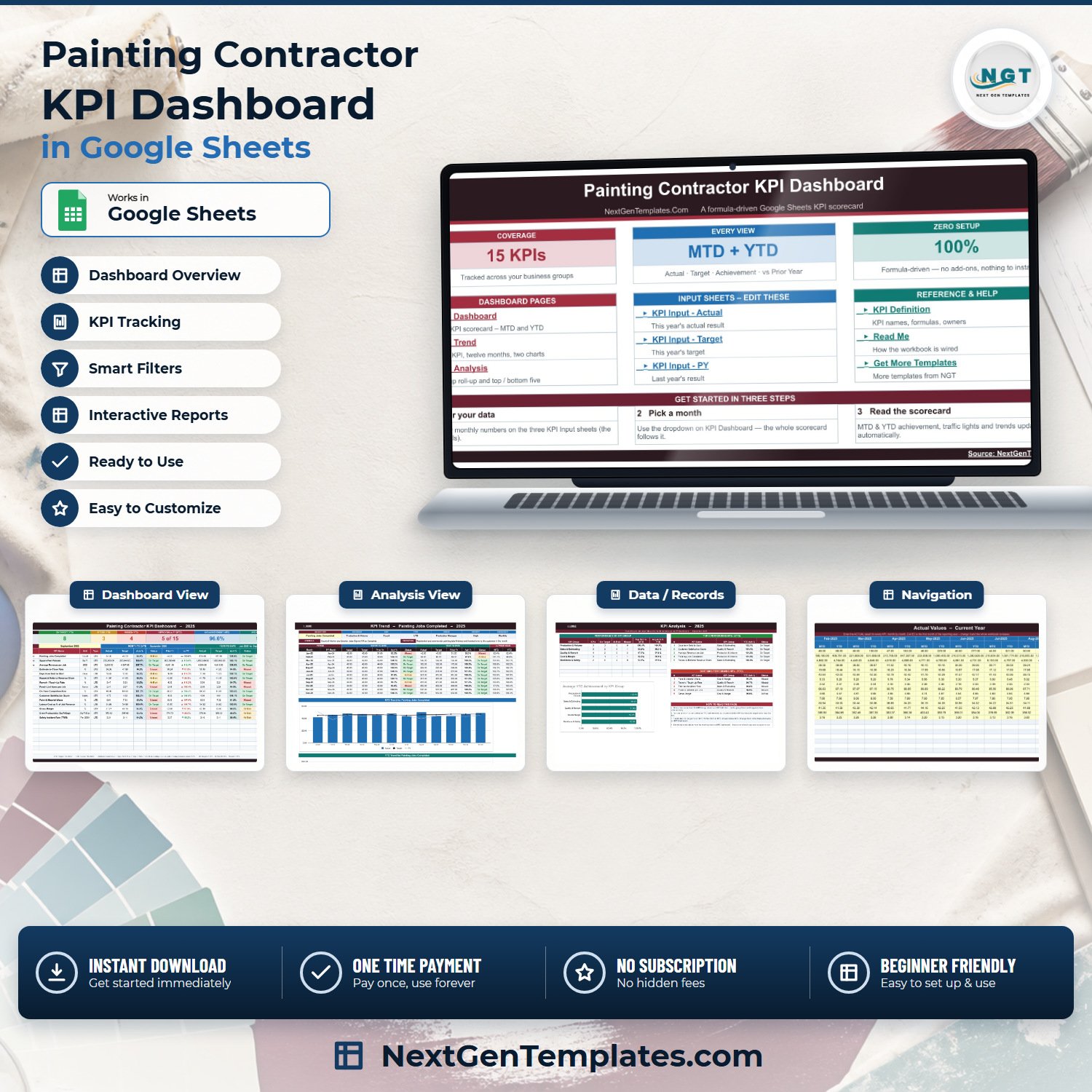 Painting Contractor KPI Dashboard in Google Sheets