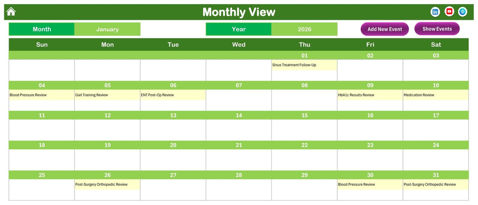 Patient Follow-Up Visit Calendar in Excel - Monthly View for January 2026