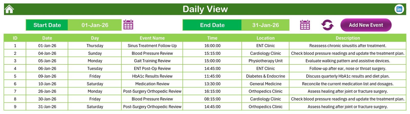 Patient Follow-Up Visit Calendar in Excel - Daily View date range list