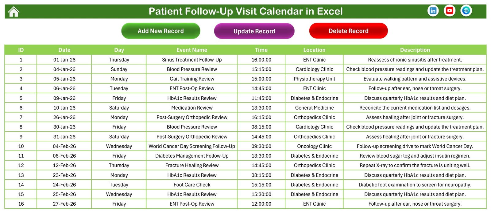 Patient Follow-Up Visit Calendar in Excel - Events database with Add, Update and Delete buttons