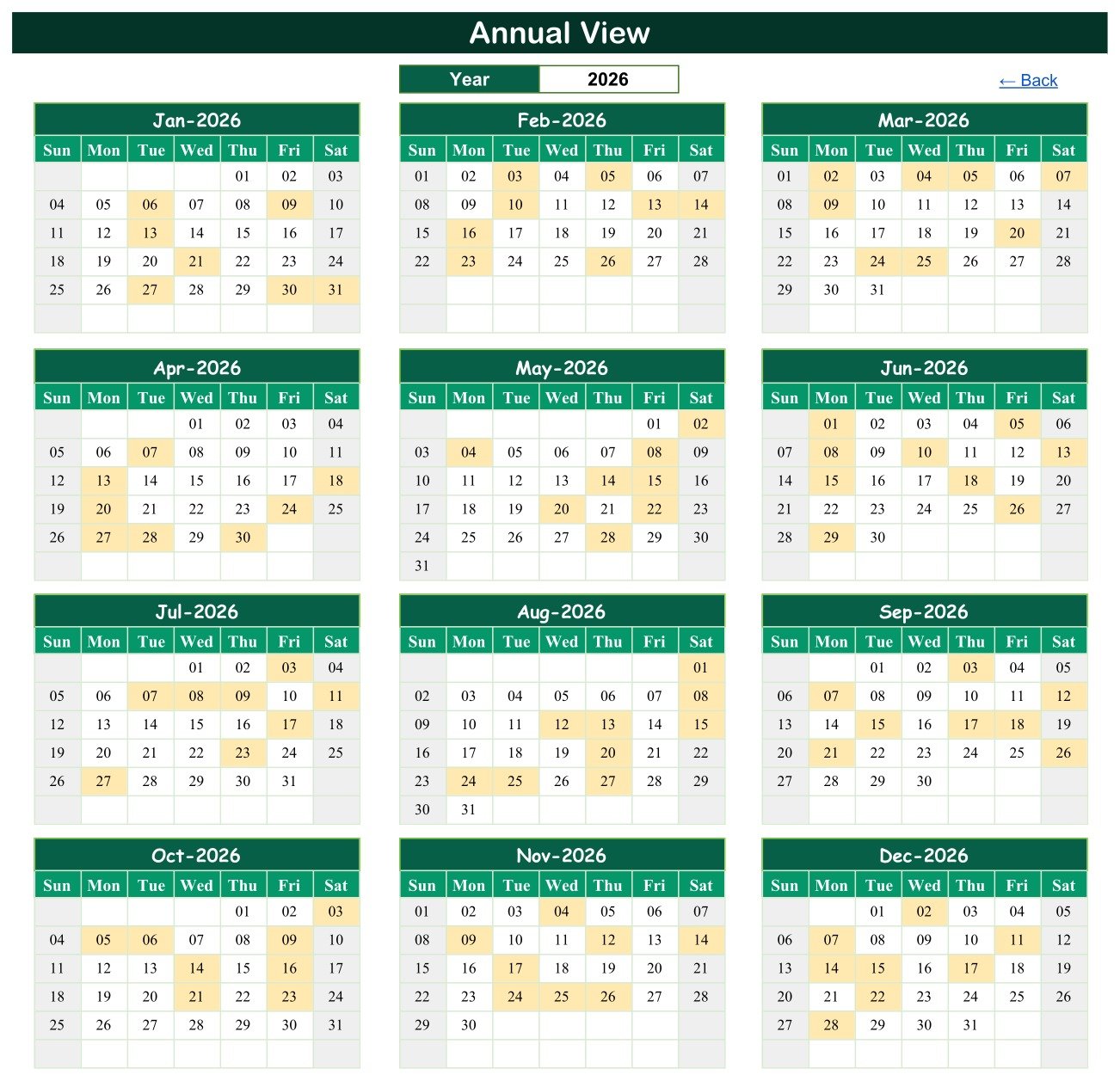 Annual View of the Patient Follow-Up Visit Calendar in Google Sheets showing all twelve 2026 month grids with review days shaded