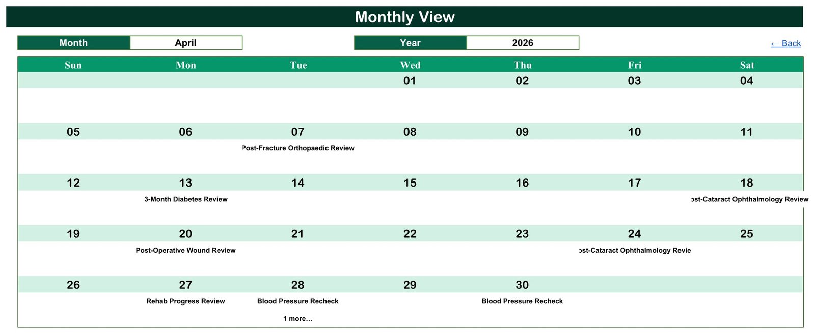 Monthly View of the Patient Follow-Up Visit Calendar in Google Sheets showing April 2026 with review types on booked days