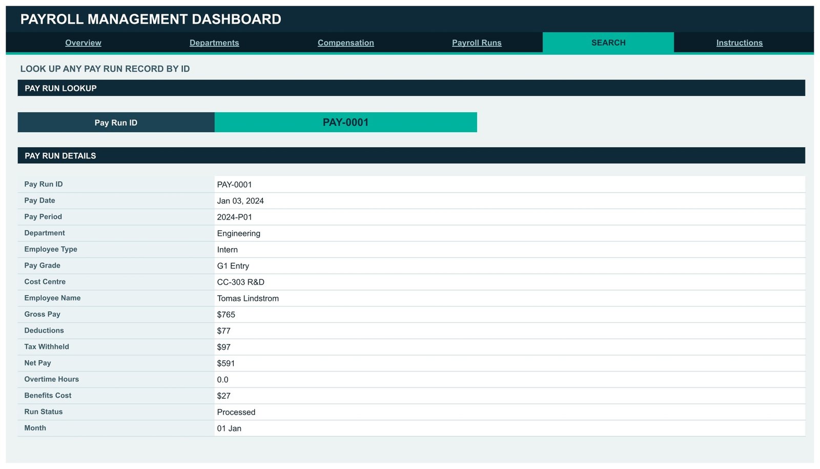 Payroll Management Dashboard in Google Sheets - Search page