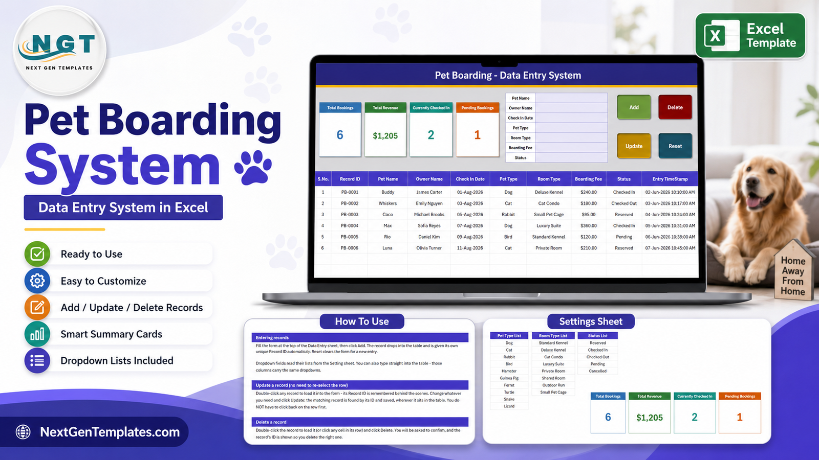 Pet Boarding Data Entry System in Excel overview