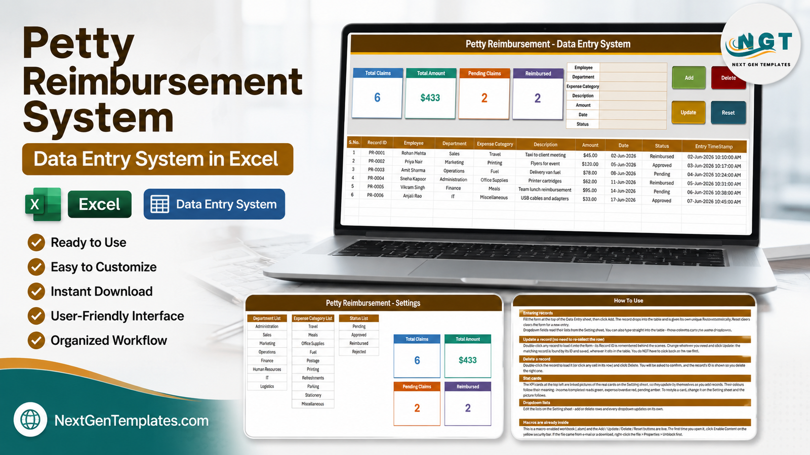Petty Reimbursement Data Entry System in Excel