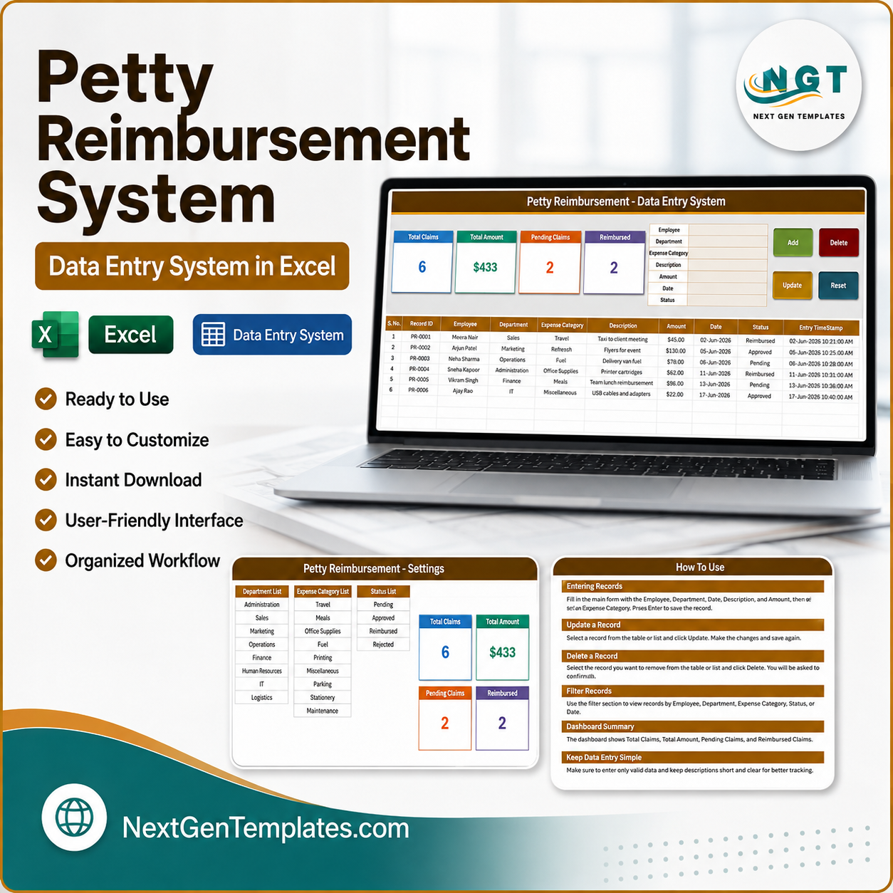Petty Reimbursement Data Entry System in Excel