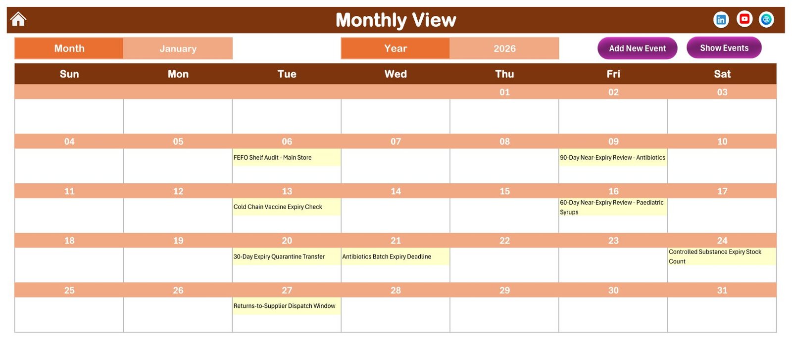 Pharmacy Stock Expiry Calendar in Excel – Monthly View