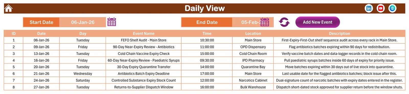 Pharmacy Stock Expiry Calendar in Excel – Daily View date range list