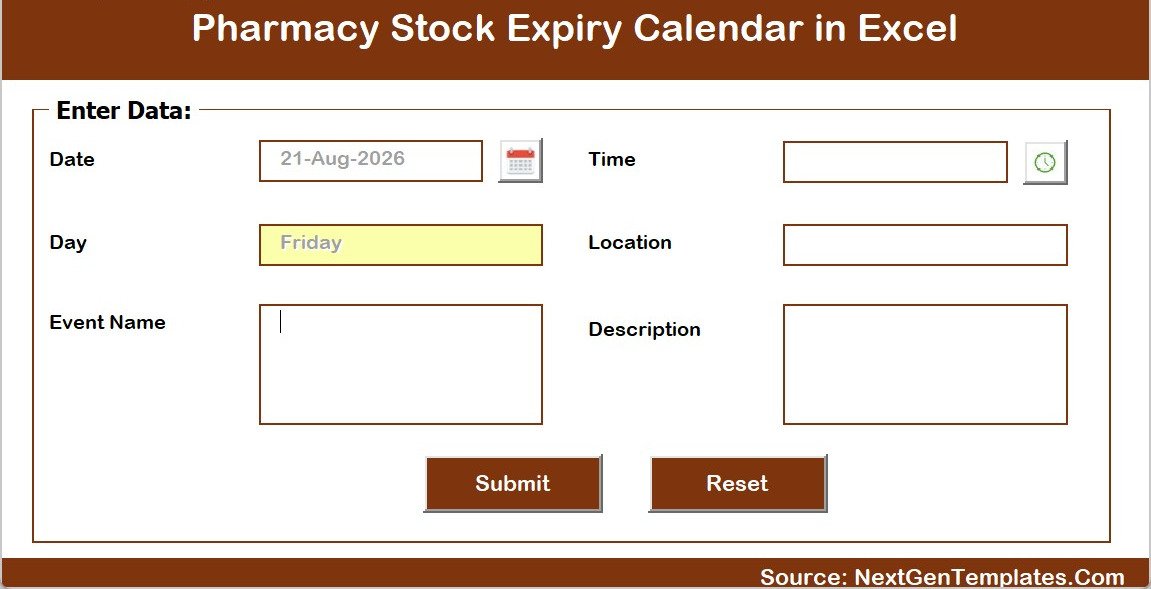 Pharmacy Stock Expiry Calendar in Excel – pop-up data entry form