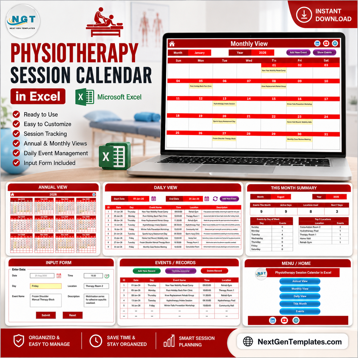 Physiotherapy Session Calendar in Excel