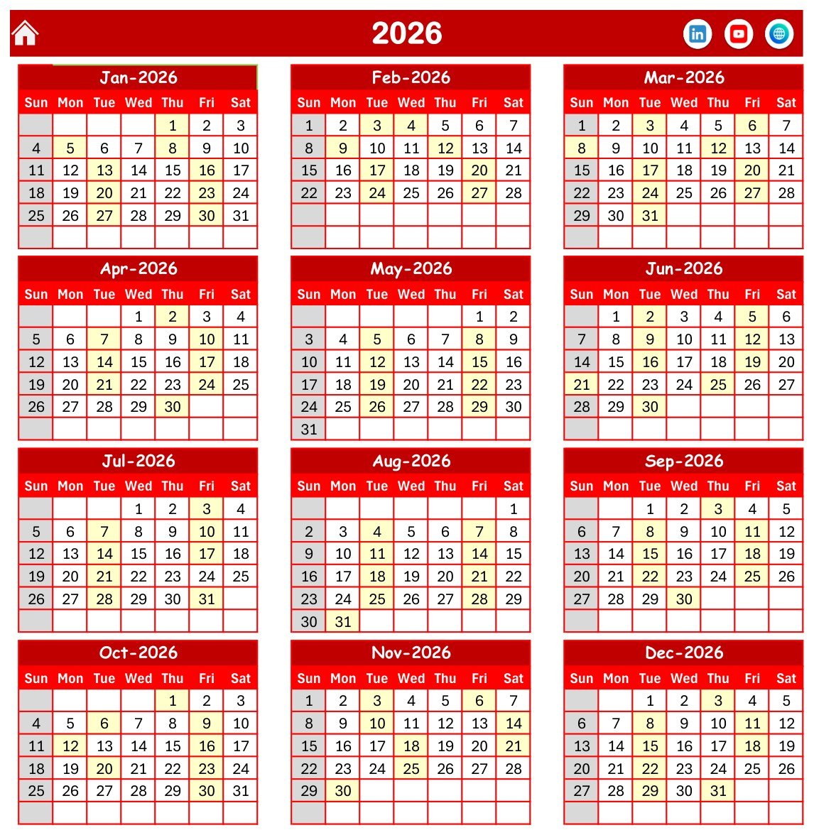 Physiotherapy Session Calendar in Excel - Annual View