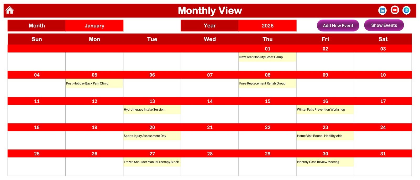 Physiotherapy Session Calendar in Excel - Monthly View