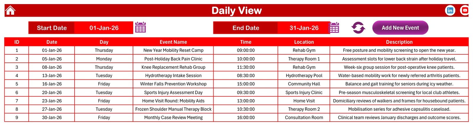 Physiotherapy Session Calendar in Excel - Daily View