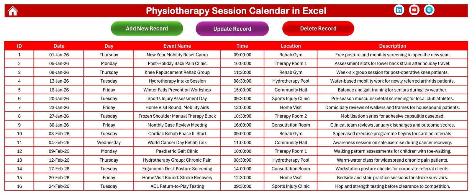 Physiotherapy Session Calendar in Excel - Events Database