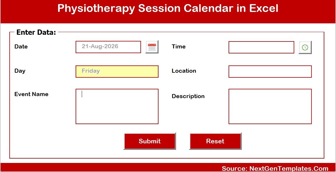 Physiotherapy Session Calendar in Excel - Add New Record form