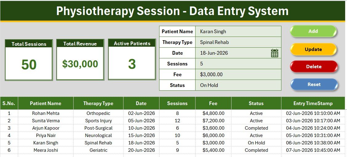 Physiotherapy Session Data Entry System in Excel