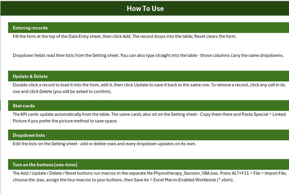 Physiotherapy Session Data Entry System in Excel - Setting sheet with dropdown lists
