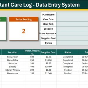 Plant Care Log Data Entry System in Excel - Data Entry sheet with stat cards, entry form and care records table
