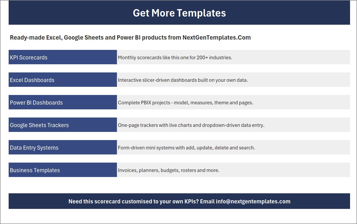 Get More Templates sheet listing the other NextGenTemplates product lines