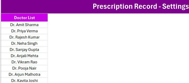 Prescription Record Data Entry System in Excel Setting sheet