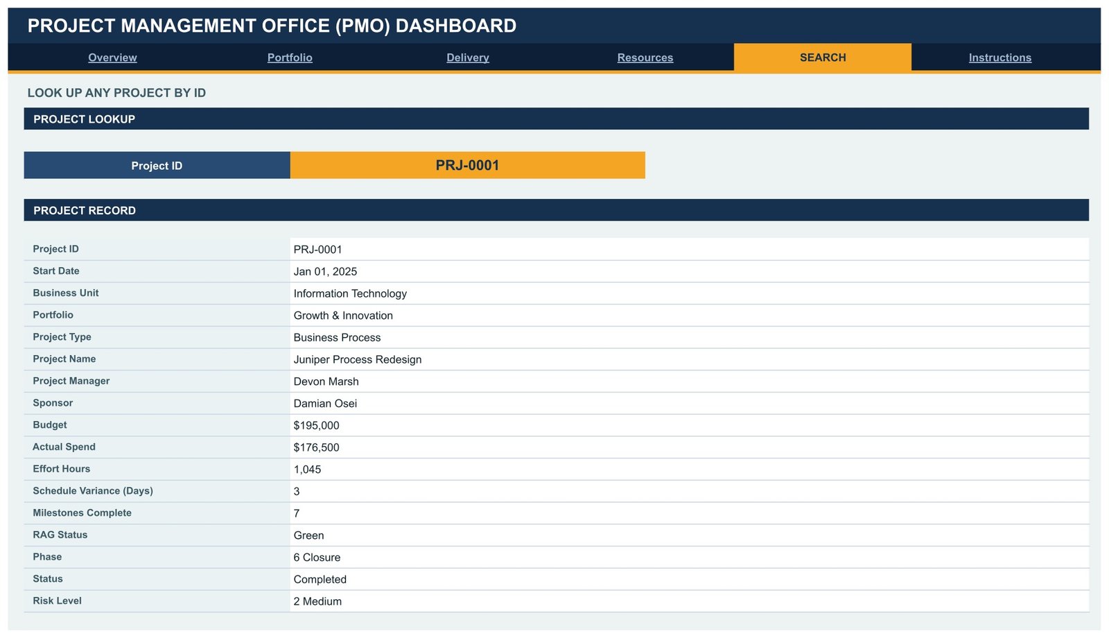 Search page of the PMO Dashboard returning a full project record from a Project ID dropdown